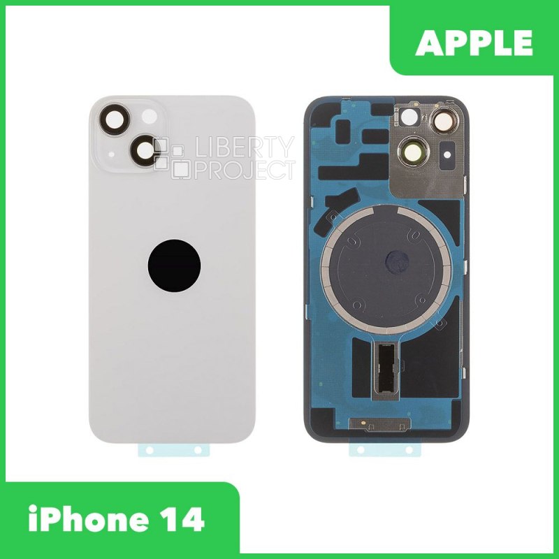Задняя крышка для iPhone 14 (белый) в сборе со стеклом камеры с логотипом, монолит MagSafe — фото 2