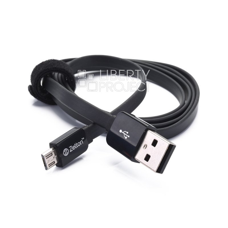 USB кабель передачи данных Zetton Flat разъем Micro USB плоский черный полностью (ZTLSUSBFCMCFB)