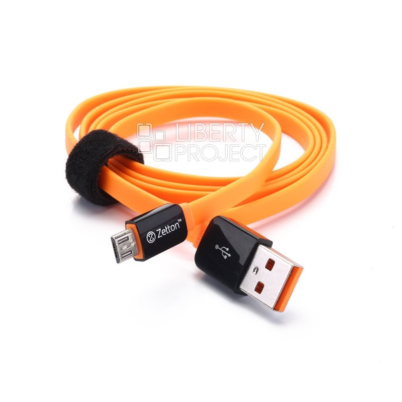 USB кабель передачи данных Zetton Flat разъем Micro USB плоский черный с оранжевым (ZTLSUSBFCMCBO)