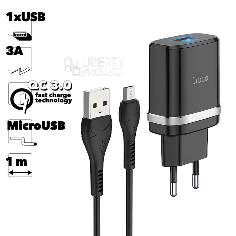 СЗУ HOCO C12Q Smart 1xUSB, 3А, 18W, QC3.0, LED + USB кабель MicroUSB, 1м (черный) — купить оптом в интернет-магазине Либерти