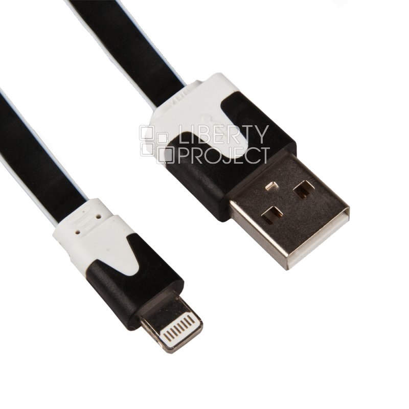 USB кабель &quot;LP&quot; для Apple iPhone/iPad Lightning 8-pin плоский узкий (черный/коробка)