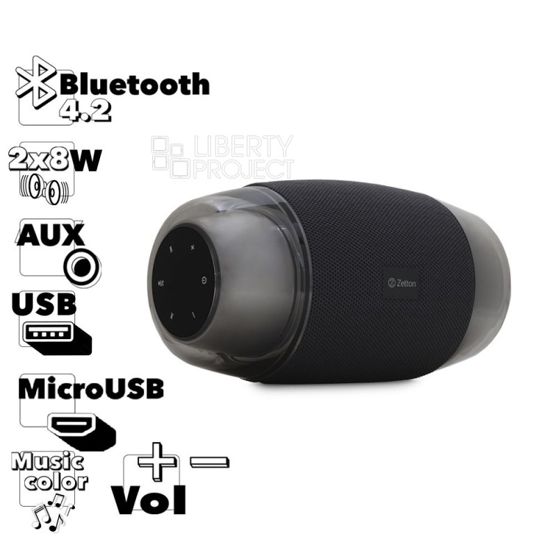 Bluetooth колонка Zetton LED светомузыка, AUX, USB, 2 х 8Вт (ZTCEBTRGBSPG9RU) серая