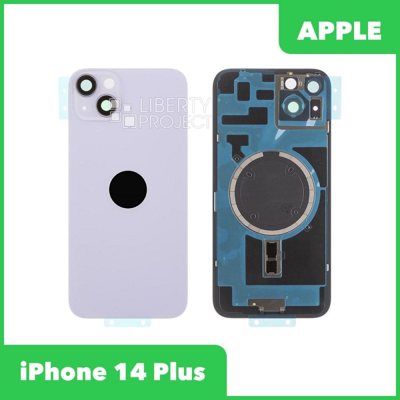 Задняя крышка для iPhone 14 Plus (фиолетовый) в сборе со стеклом камеры с логотипом, монолит MagSafe — фото 2