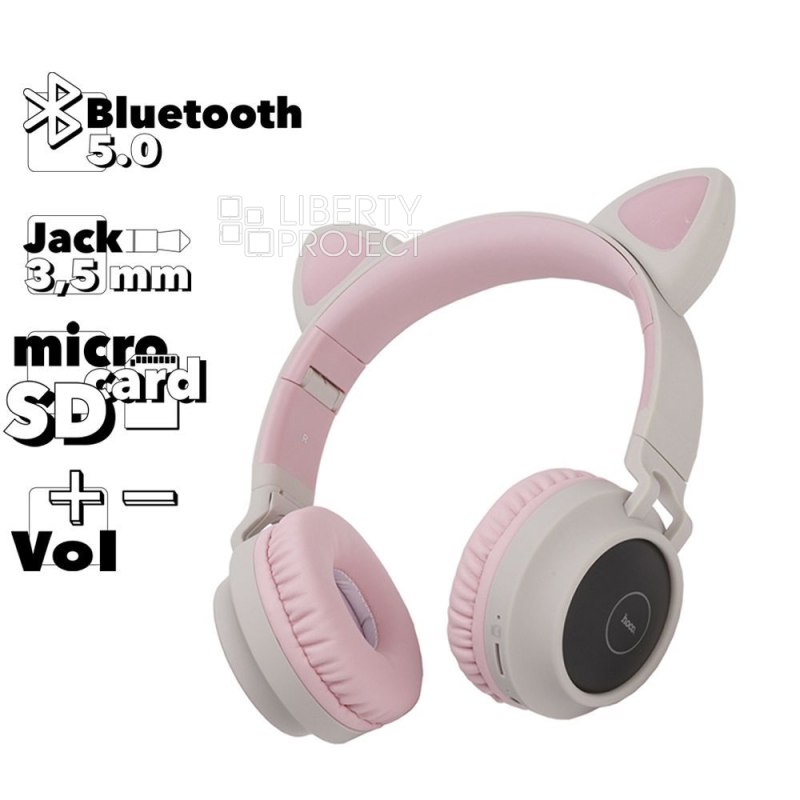 Bluetooth гарнитура HOCO W27 Cat Ear BT5.0, 3.5 мм, microSD, накладная, подсветка &quot;ушек&quot;, громкость +/- (серый)