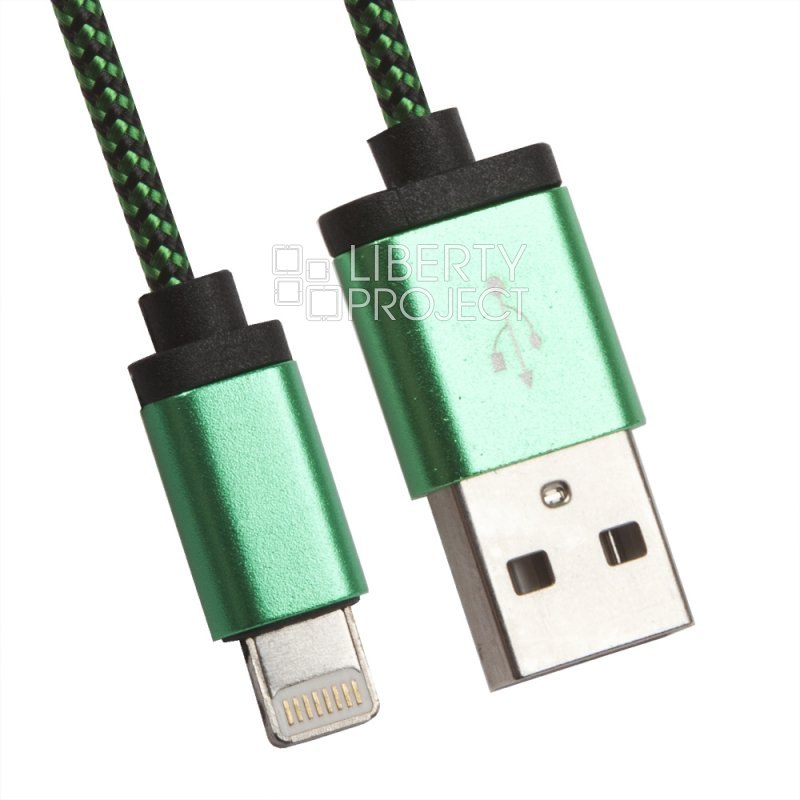 USB Дата-кабель &quot;Cable&quot; Apple Lightning 8-pin круглый в оплетке с металл. разъемами 1 м. (зеленый)