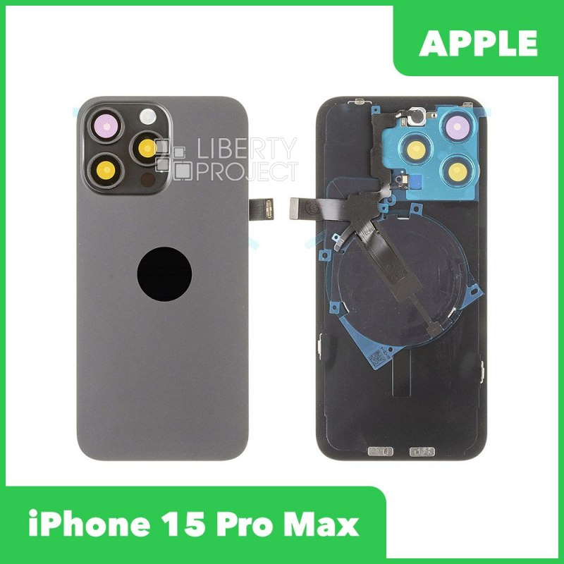Задняя крышка для iPhone 15 Pro Max (черный) в сборе со стеклом камеры с шлейфом MagSafe — фото 2