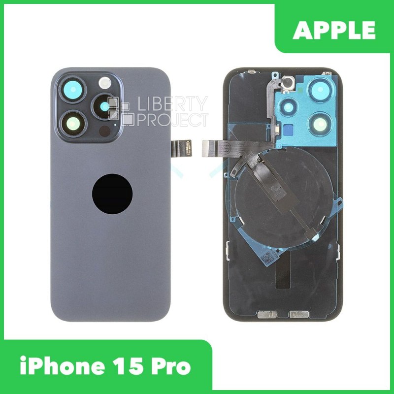 Задняя крышка для iPhone 15 Pro (синий) в сборе со стеклом камеры с шлейфом MagSafe — фото 2