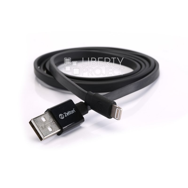 USB кабель передачи данных Zetton MFi плоский разъем для Apple Lightning 8 pin черный (ZTUSBMFI2A8)