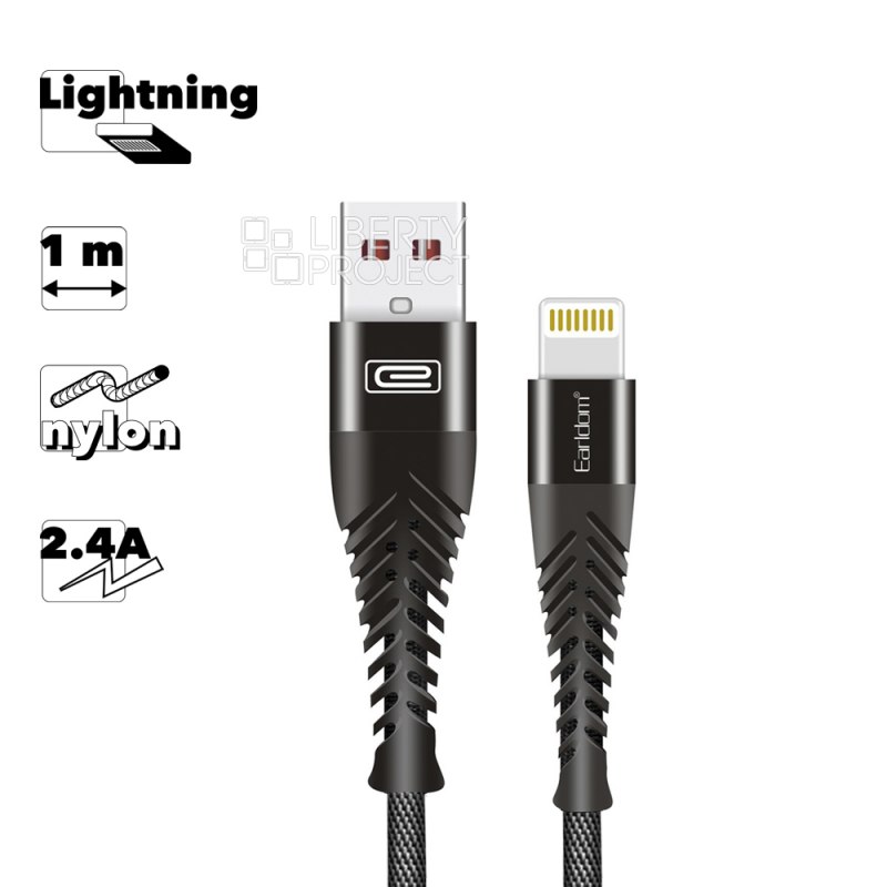 USB кабель Earldom EC-061I Lightning 8-pin, 2.4A, 1м, нейлон (черный)