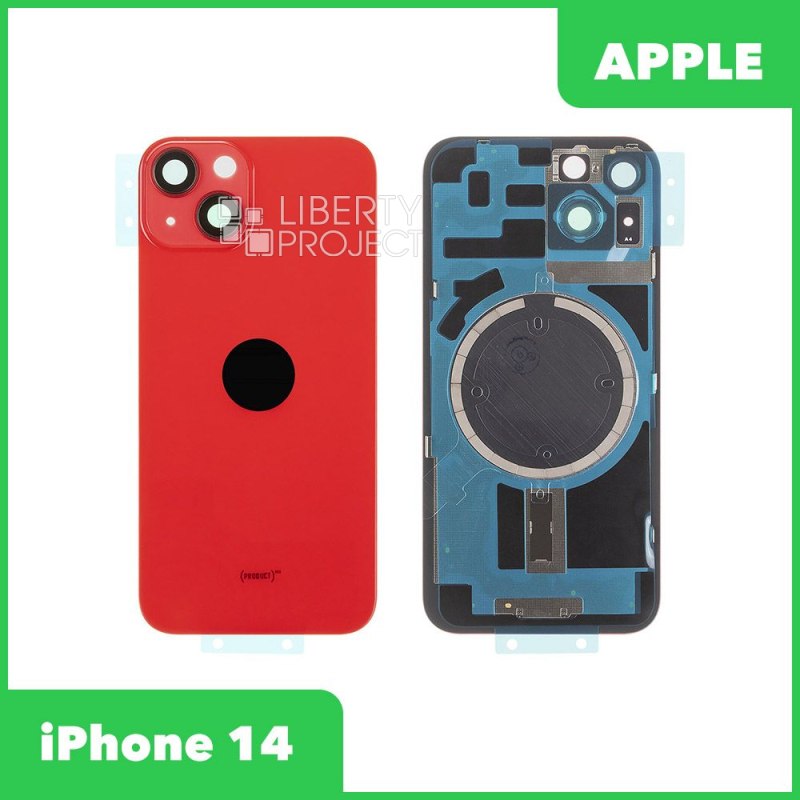 Задняя крышка для iPhone 14 (красный) в сборе со стеклом камеры с логотипом, монолит MagSafe — фото 2