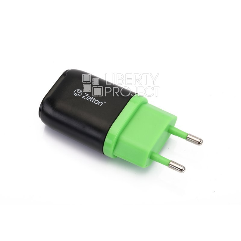 Сетевое зарядное устройство (СЗУ) с выходом USB ток зарядки 1А черное с зеленой вставкой Zetton ZTLSTC1A1UBG