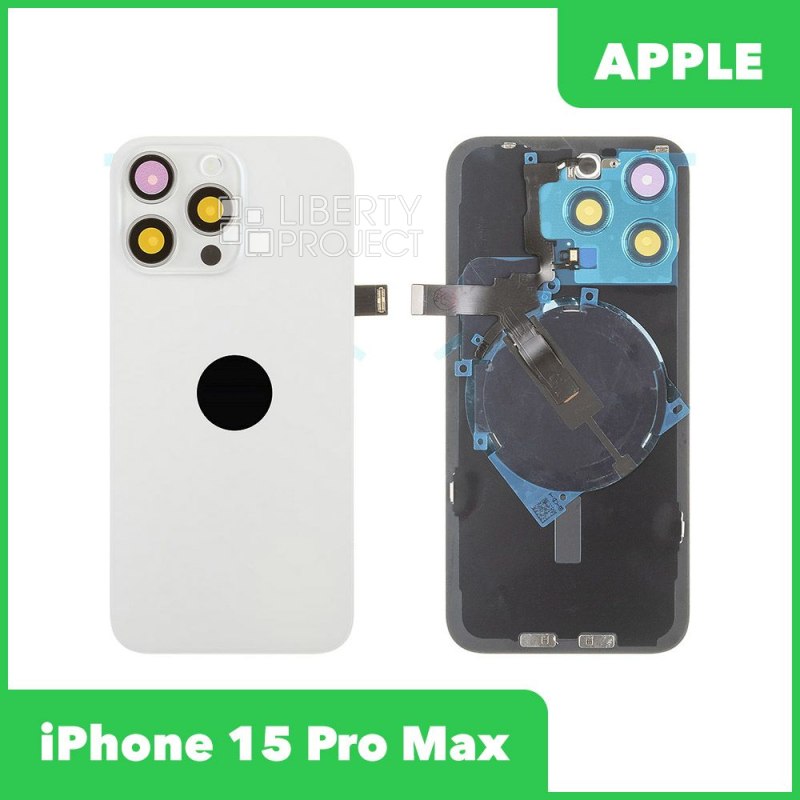 Задняя крышка для iPhone 15 Pro Max (белый) в сборе со стеклом камеры с шлейфом MagSafe — фото 2
