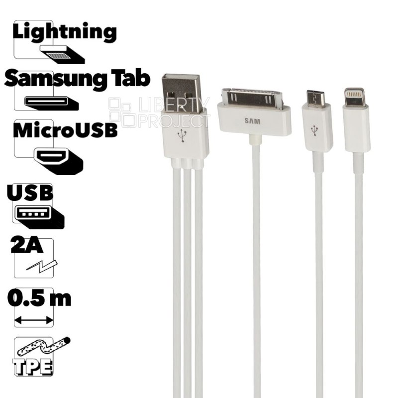 USB кабель &quot;LP&quot; 4 в 1 для Apple 30 pin/Apple Lightning 8-pin/Micro USB/Samsung Tab (белый/коробка)