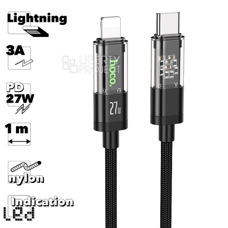USB-C кабель HOCO U116 Crystal Lightning 8-pin, 3А, PD27W, LED, 1м, нейлон (черный) — купить оптом в интернет-магазине Либерти