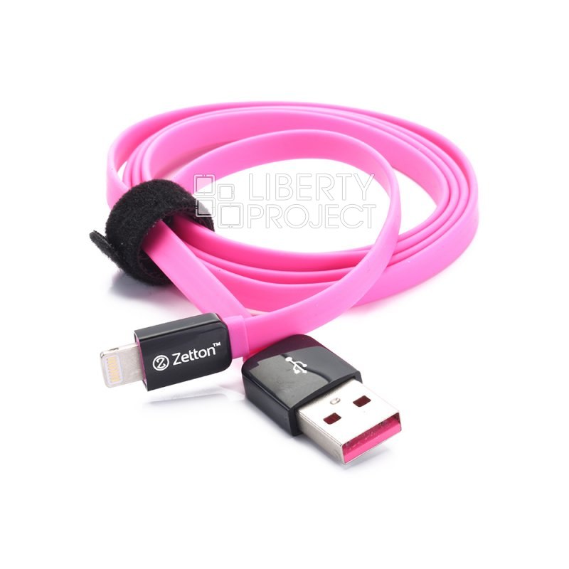USB кабель передачи данных Zetton Flat разъем Lightning плоский черный с розовым (ZTLSUSBFCA8BP)