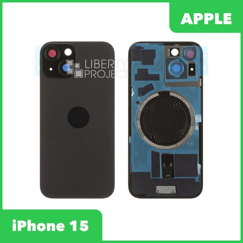 Задняя крышка для iPhone 15 (черный) в сборе со стеклом камеры с логотипом, монолит MagSafe — фото 2