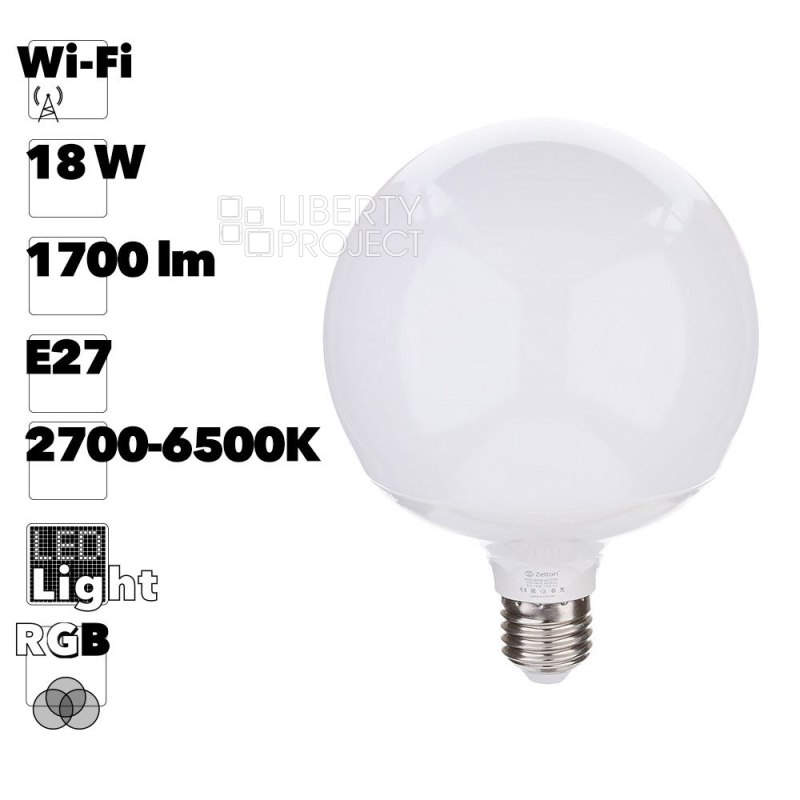 Умная лампа Zetton LED RGBCW Wi-Fi Bulb G120 E27 18Вт