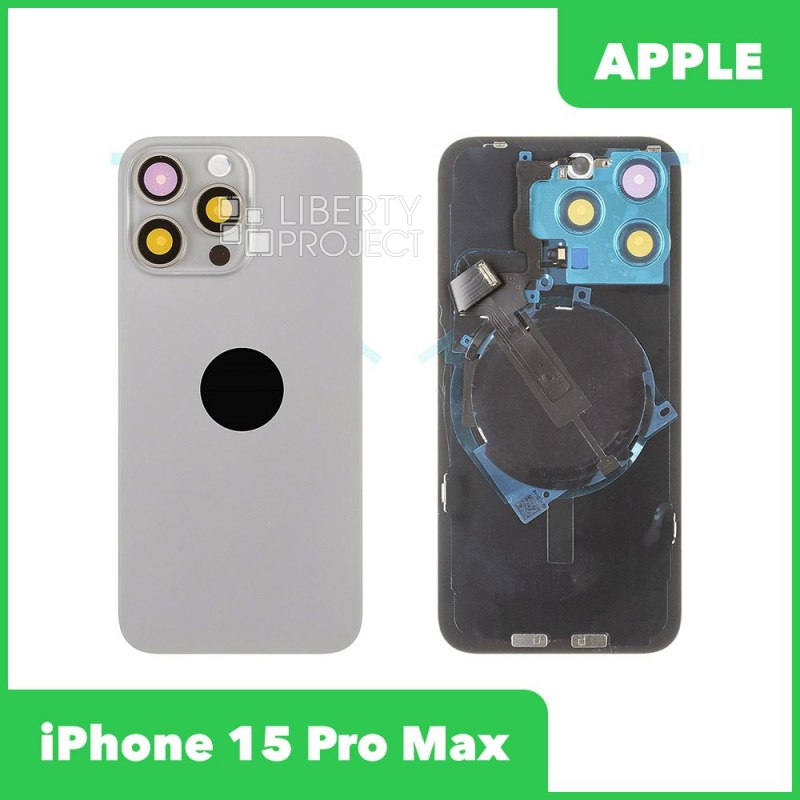 Задняя крышка для iPhone 15 Pro Max (серый) в сборе со стеклом камеры с шлейфом MagSafe — фото 2