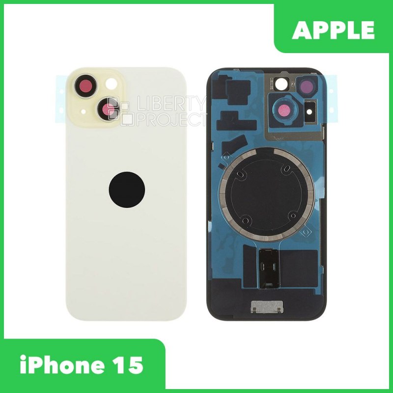 Задняя крышка для iPhone 15 (желтый) в сборе со стеклом камеры с логотипом, монолит MagSafe — фото 2