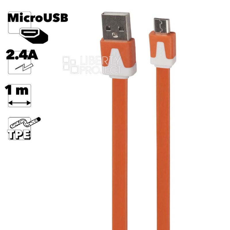 USB кабель &quot;LP&quot; Micro USB плоский узкий (оранжевый/коробка)
